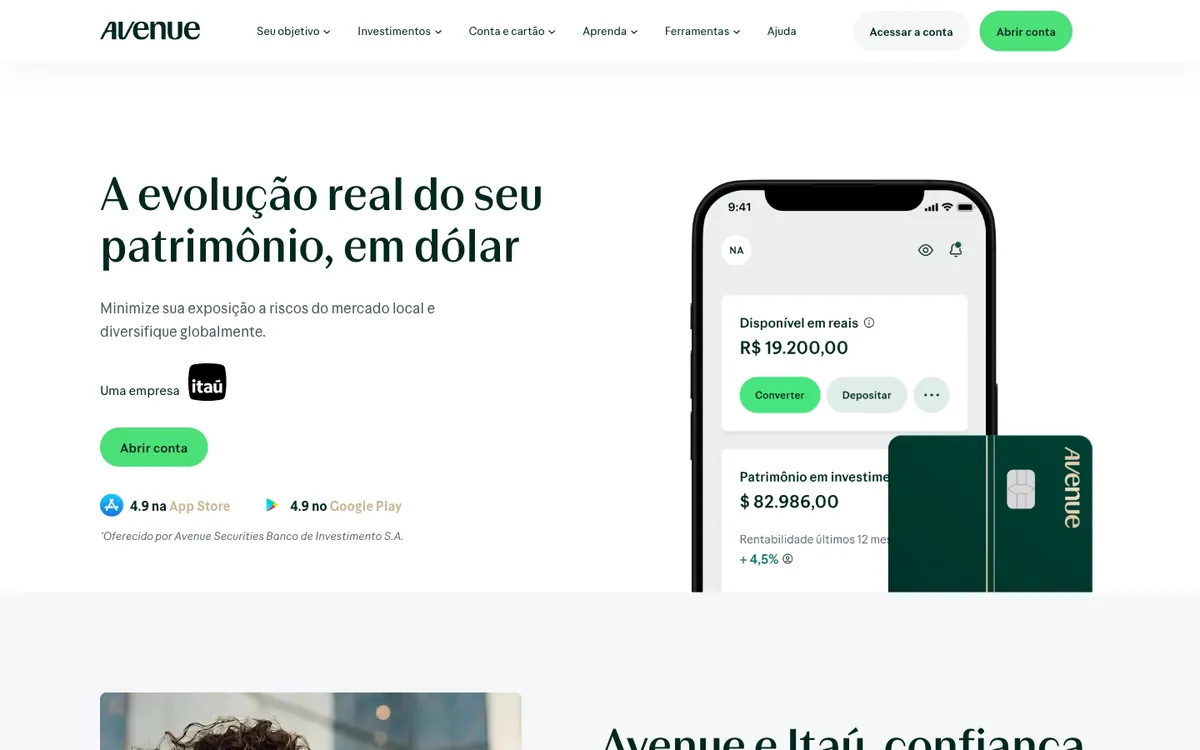 Página inicial da Avenue, com a nota de que o serviço é oferecido pela Avenue Securities Banco de Investimento S.A.
