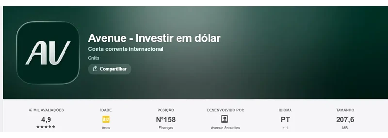 Página da App Store do Brasil de Avenue - Investir em dólar, capturada em 11 de set de 2026.